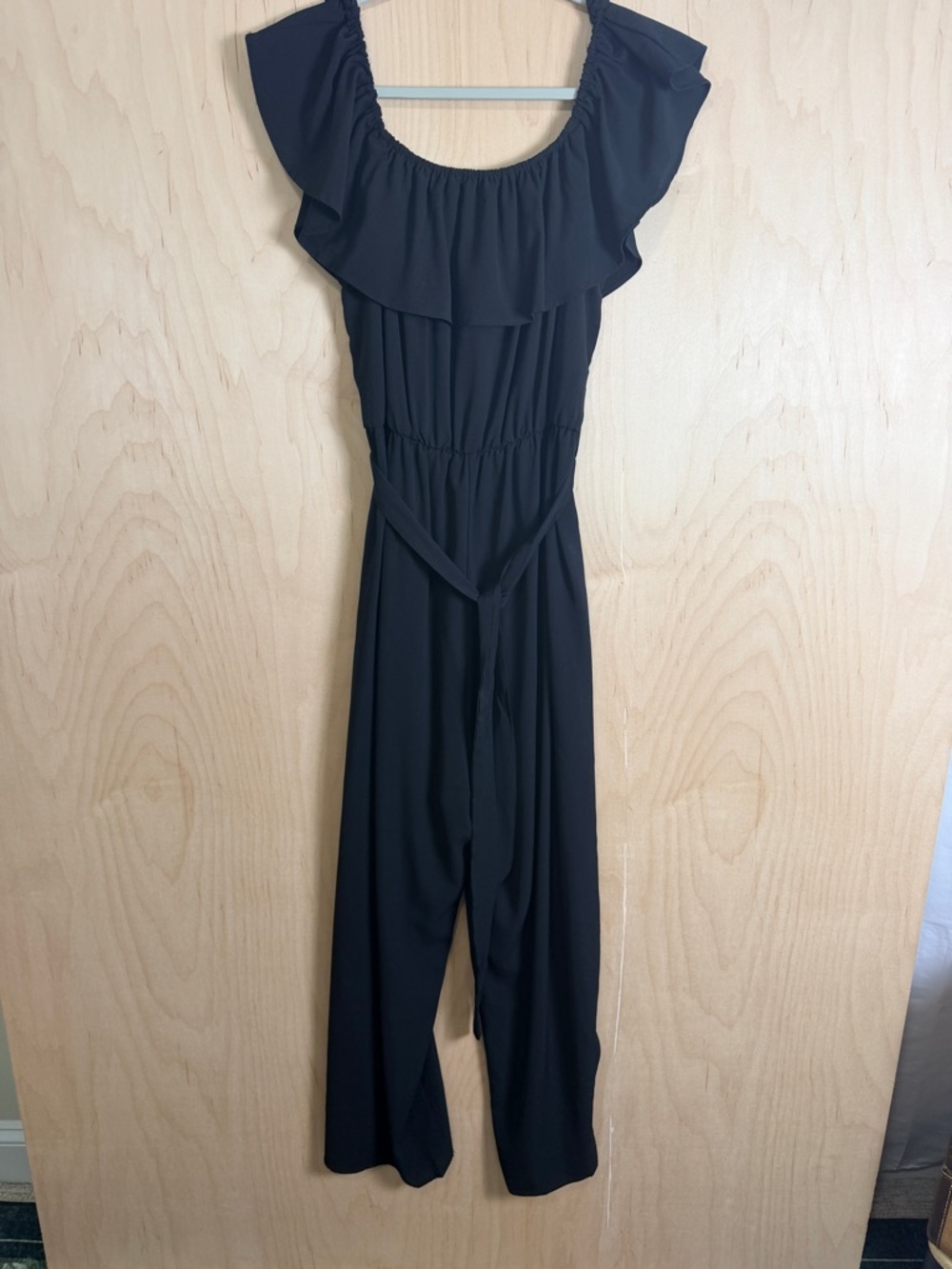 Women's Black Off-Shoulder Ruffle Jumpsuit with Tie Belt